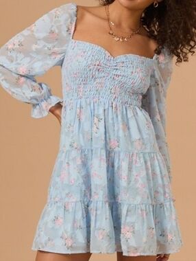 Altar'd State Light Blue Floral Smocked Mini Dress